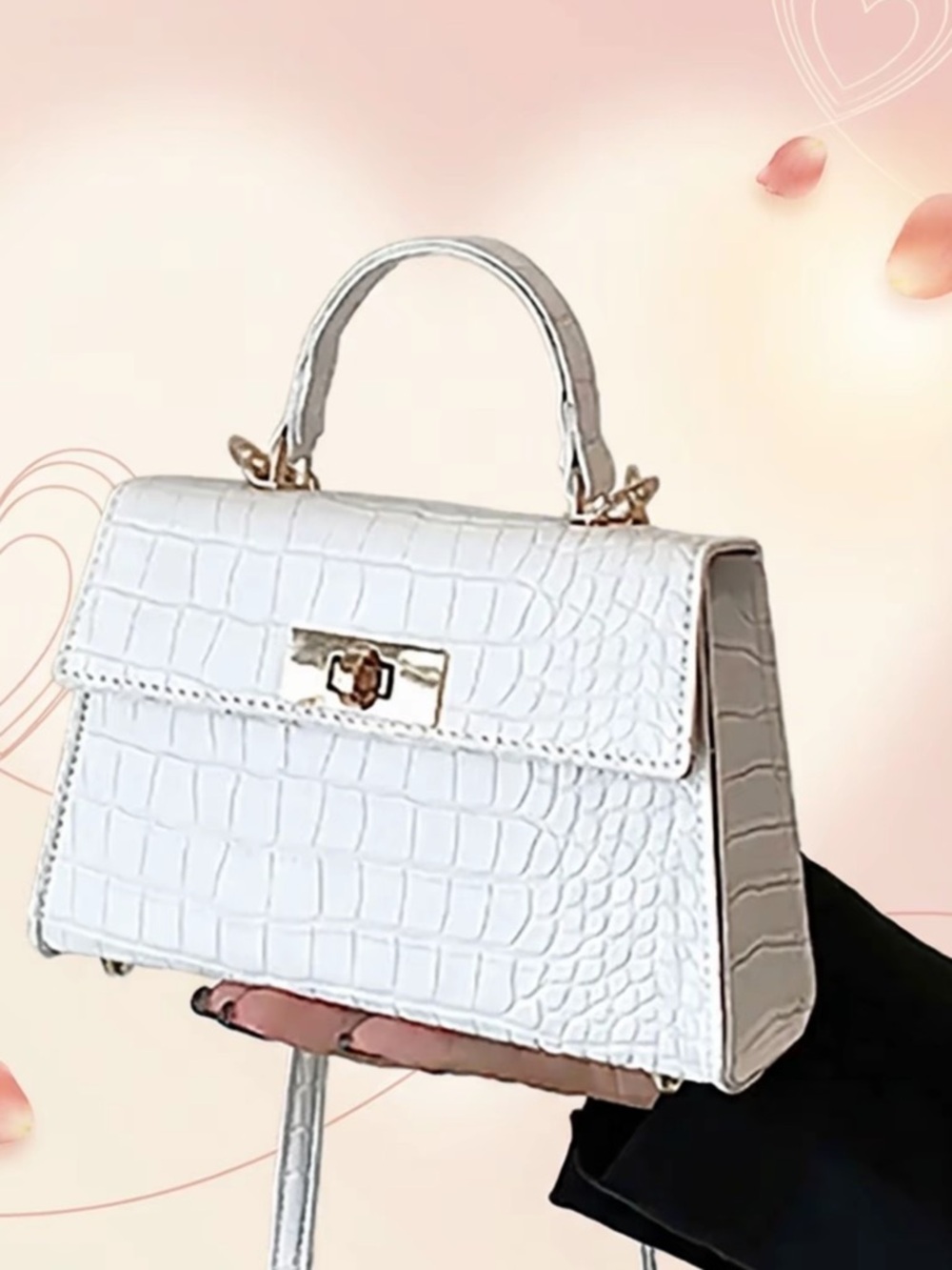 Croc-Embossed White Top-Handle Satchel with Gold Hardware